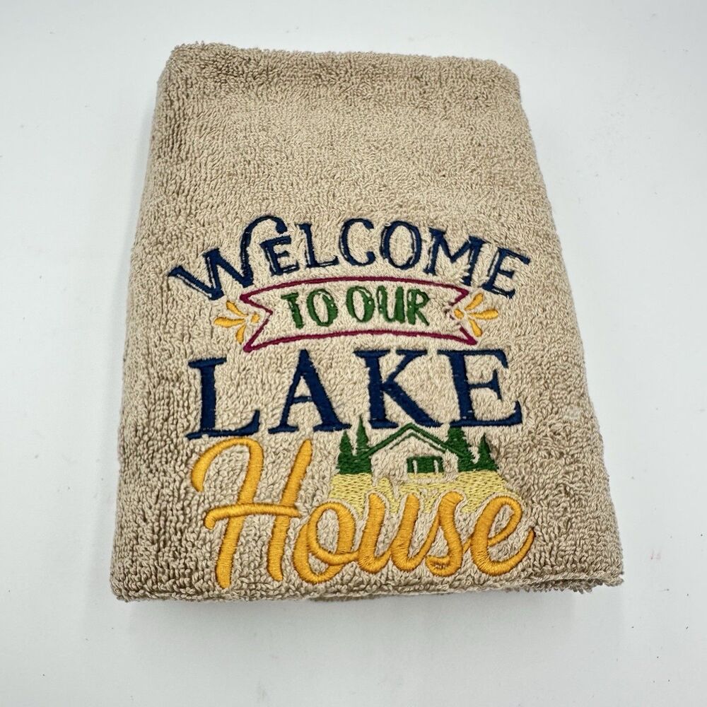 NEW Home Decor Embroidered Bathroom Hand Towel WELCOME TO OUR LAKE HOUSE Taupe